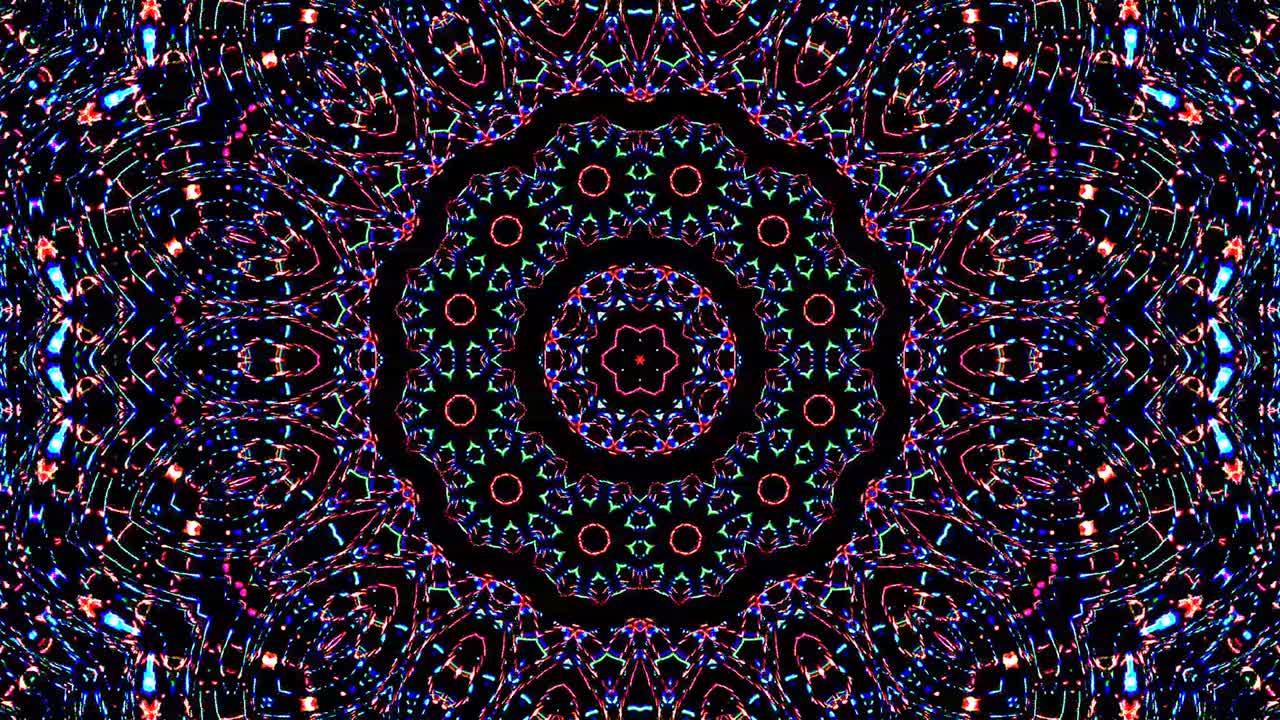 rayas azules ondas brillantes forma de flor, caleidoscopio fondo negro