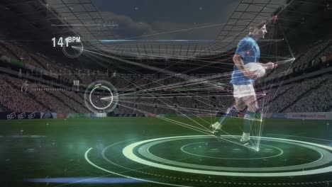 animación de la cadena de adn y procesamiento de datos sobre un jugador de rugby en un estadio deportivo