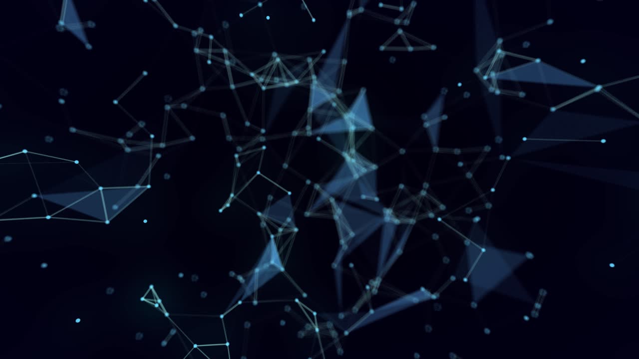 Animated abstract simple plexus background with molecule-like geometric shapes with bright interconnected points, on a dark blue and teal to black gradient background