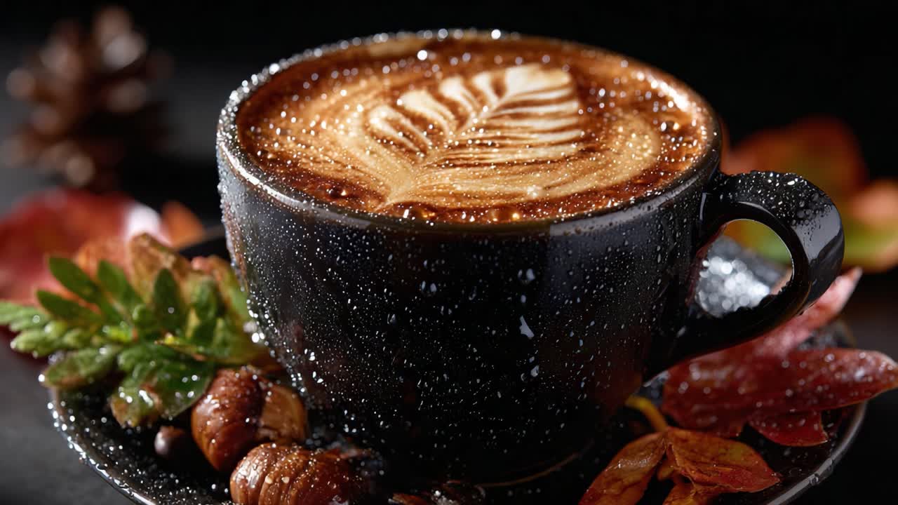 A Captivating Coffee in a Black Cup Surrounded by Autumn Foliage and Decorative Elements, Showcasing a Beautiful Leaf Design on the Cream Surface