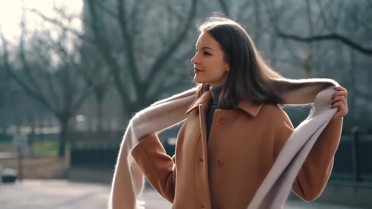 Young woman adjusting her scarf and coat outdoors