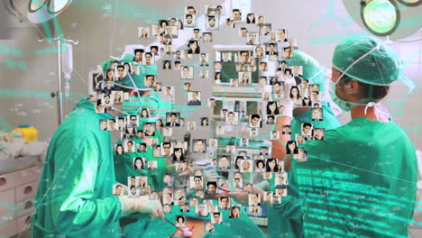 animación del globo con fotos de la gente y datos sobre diversos cirujanos en el quirófano
