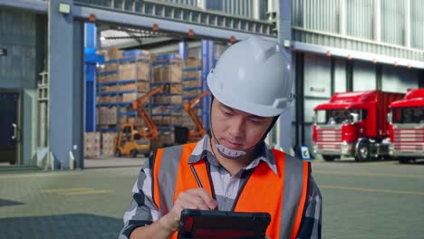 close up of asian male engineer with safety helmet taking note on the tablet and looking around while standing , outside of logistics distributions warehouse