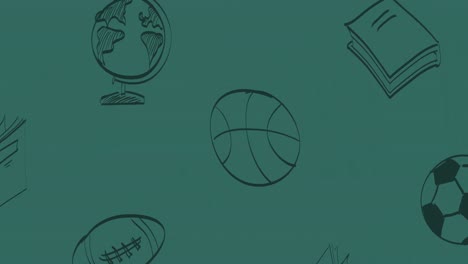 animation of black outline sports balls, globe and books moving over green chalkboard