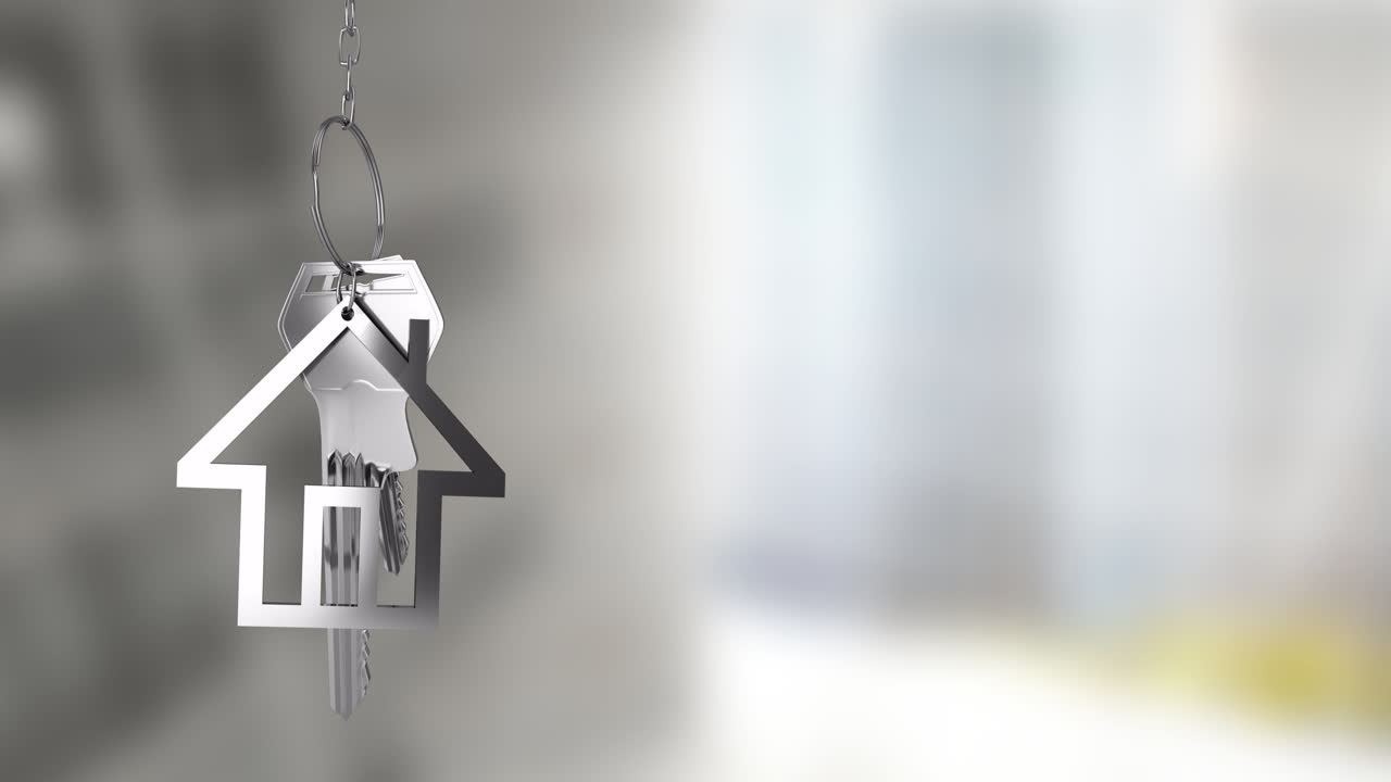 animación de llavero en forma de casa sobre un fondo borroso