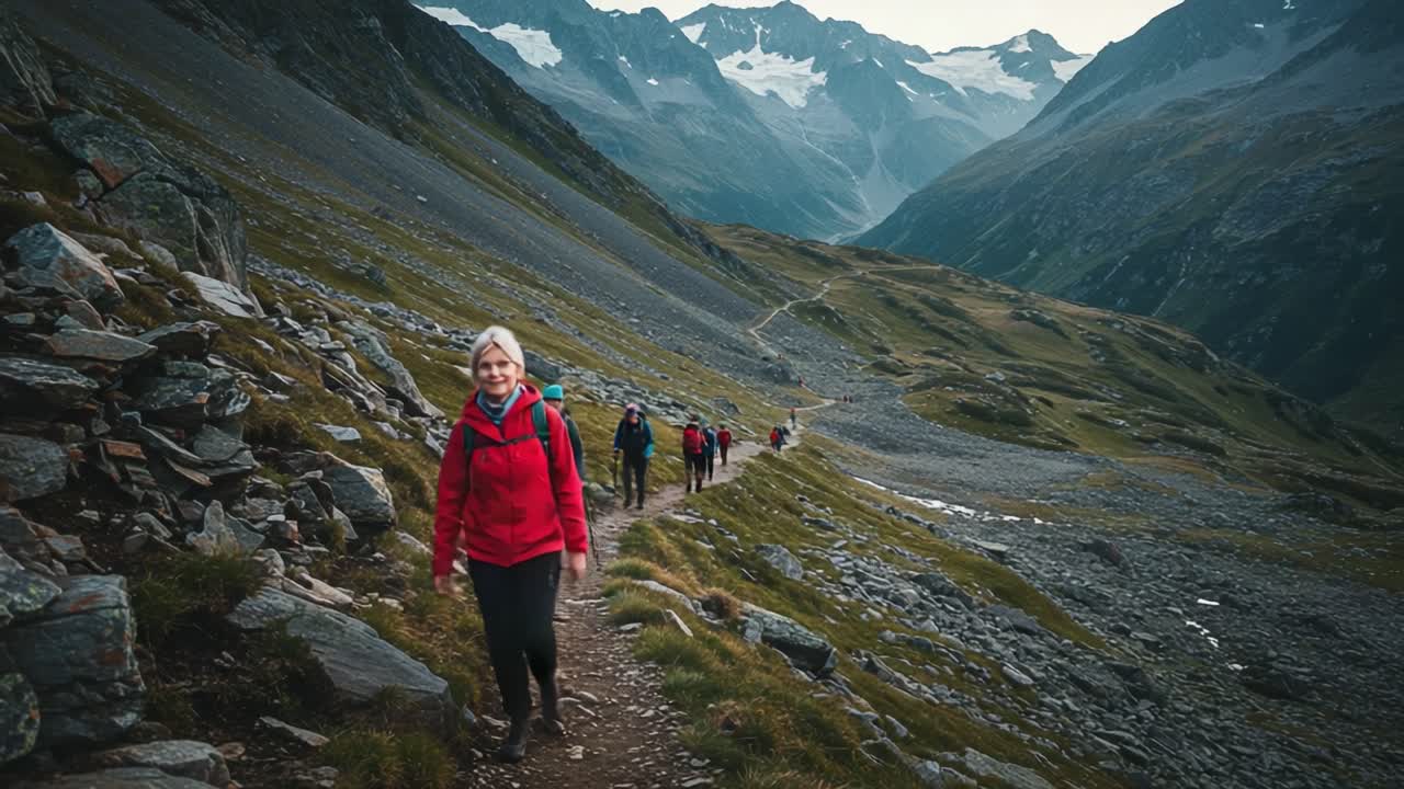 Gruppo di escursionisti che fanno trekking attraverso uno splendido paesaggio montano con vegetazione lussureggiante e cime maestose sullo sfondo, godendosi un avventuroso viaggio all'aperto.