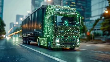 futuristic smart truck with digital network overlay on city road