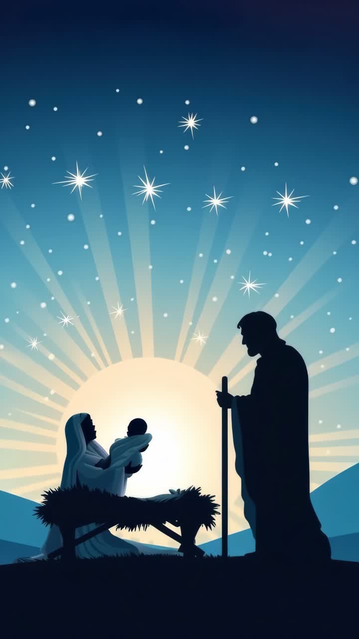 Silhouetted nativity scene under a starry sky, captured from a low angle