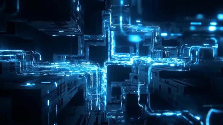 Rete di circuiti al neon blu che pulsa con flussi di dati, percorsi luminosi e intersezioni di nodi dinamiche.