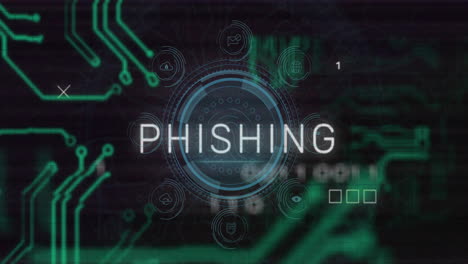 animation of phishing text and digital data processing over black background