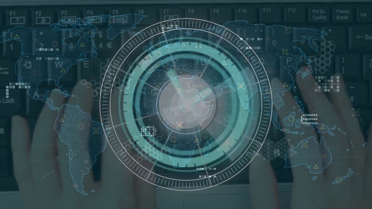 세계 지도의 애니메이션과 시계 위의 손으로 범위 스캔 키보드에 타이핑