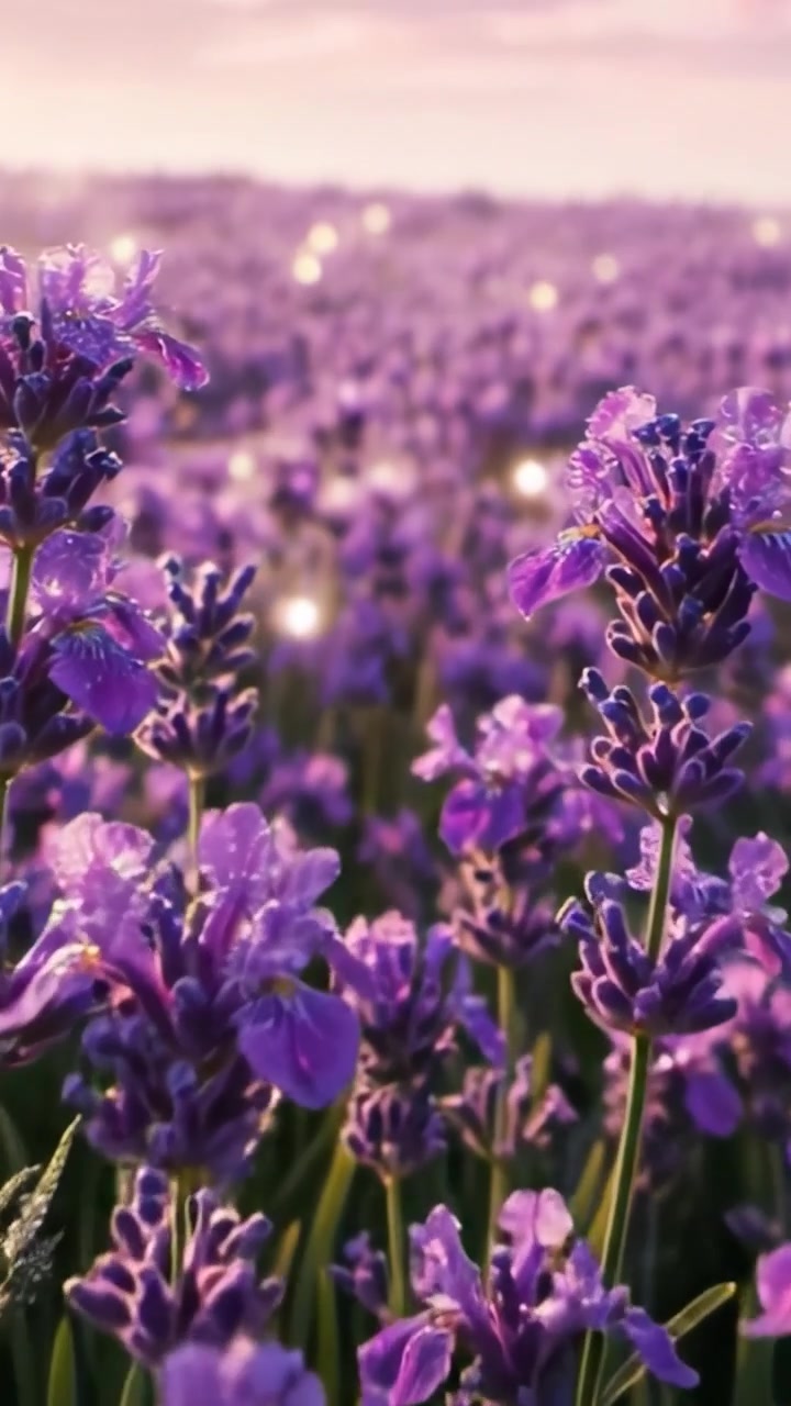 Un Campo di Lavanda Mozzafiato Sotto un Cielo Rosa Tenue Catturato al Tramonto, che Mostra Vivaci Fiori Viola in Piena Fioritura Durante una Serena Scena Serale