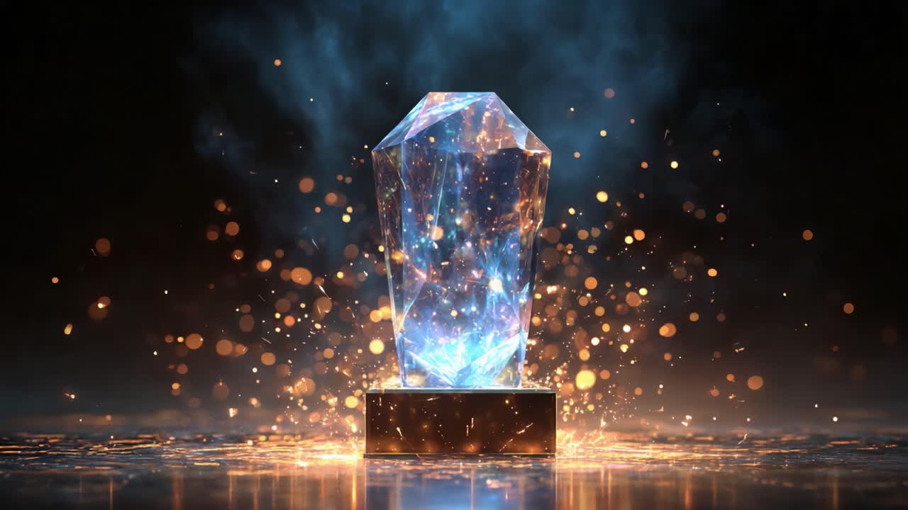 A Stunning Crystal Obelisk Radiating Vibrant Light and Sparkling Particles, Captured in an Enigmatic Atmosphere, Showcasing Its Gleaming Facets Against a Darkened Background, Invoking a Sense of Mystery and Magic