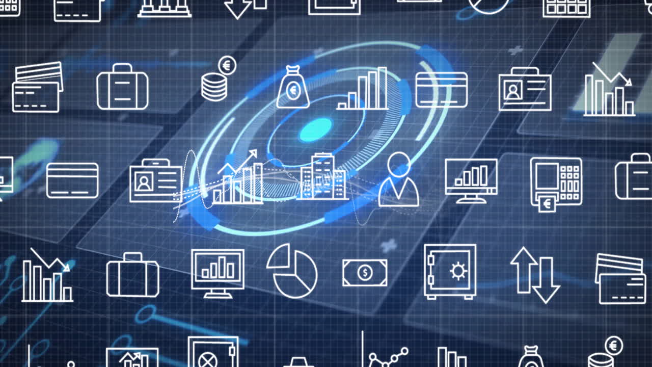 Financial technology icons processing data over digital grid background in animation