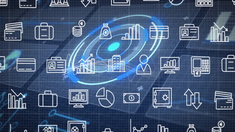 financial technology icons processing data over digital grid background in animation