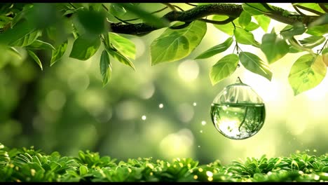 A green tree with leaves and a clear glass ball hanging from it