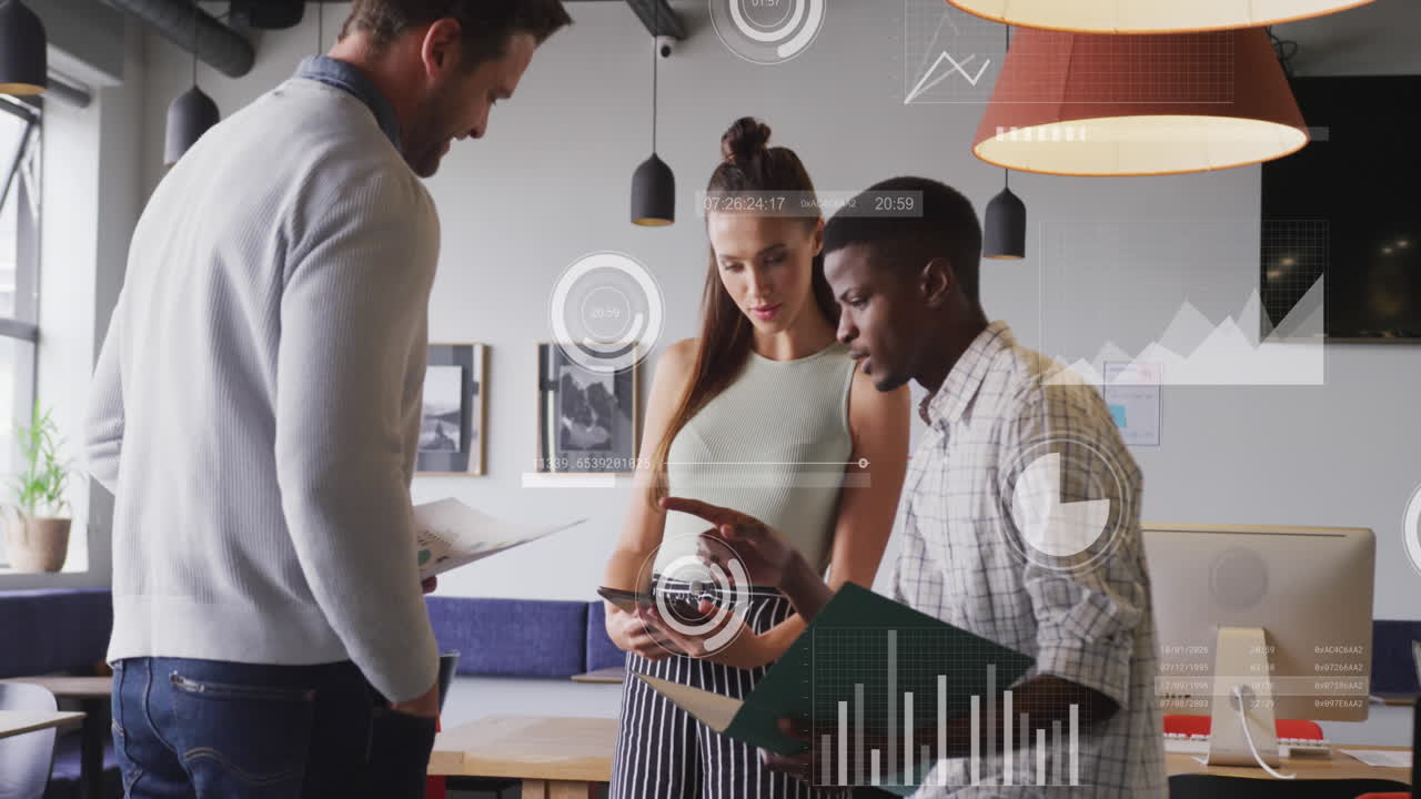 Animation of statistical data processing against diverse colleagues discussing together at office