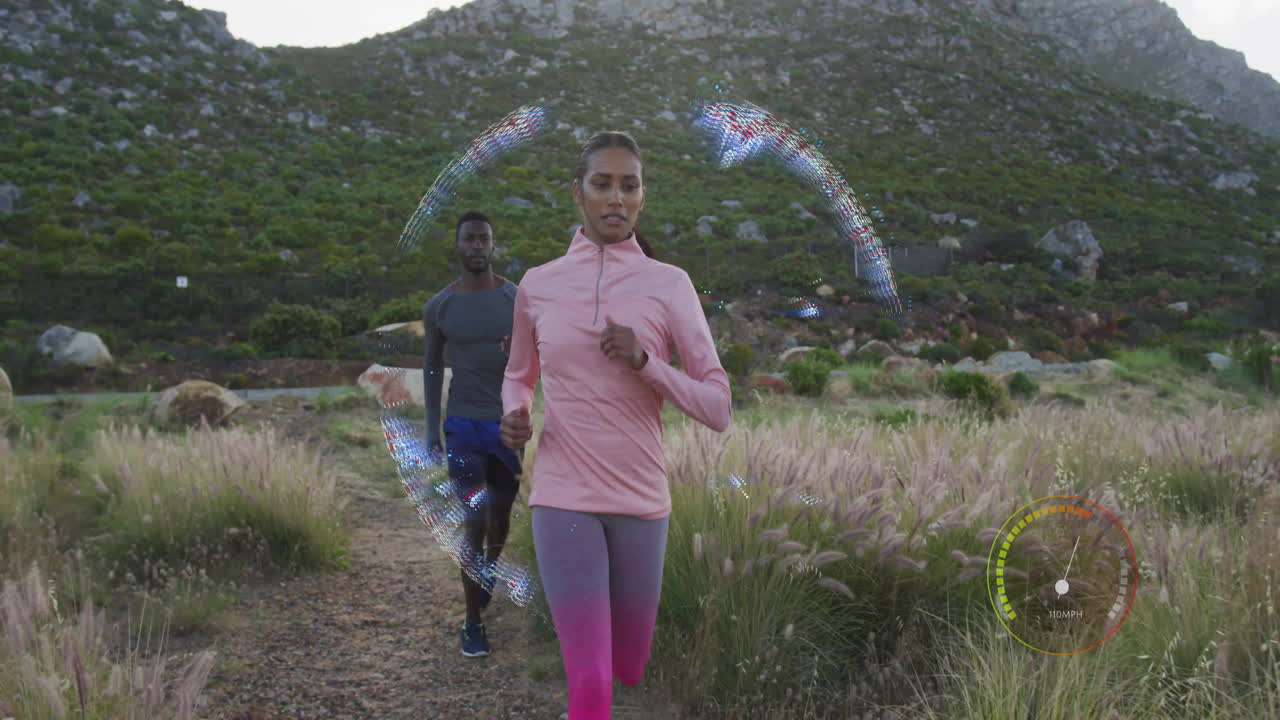 Two people jogging on trail with digital fitness data overlay animation