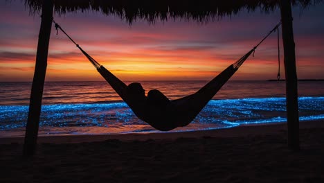 a romantic evening: silhouetted couple in a hammock against the backdrop of a stunning sunset and bioluminescent waves on a serene beach