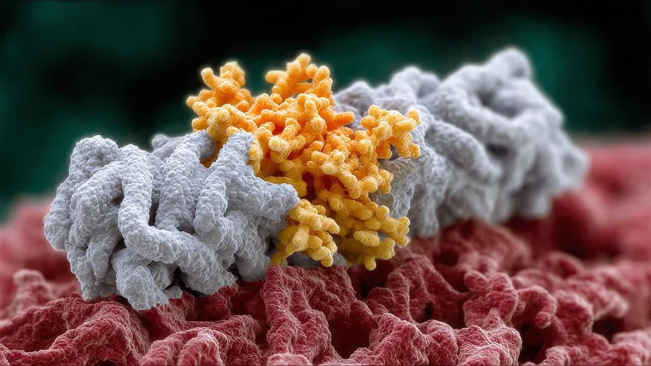 Microscopic Visualization of Protein Interaction with Distinct Structures in a Cellular Environment, Showcasing Complex Biological Mechanisms and Molecular Dynamics