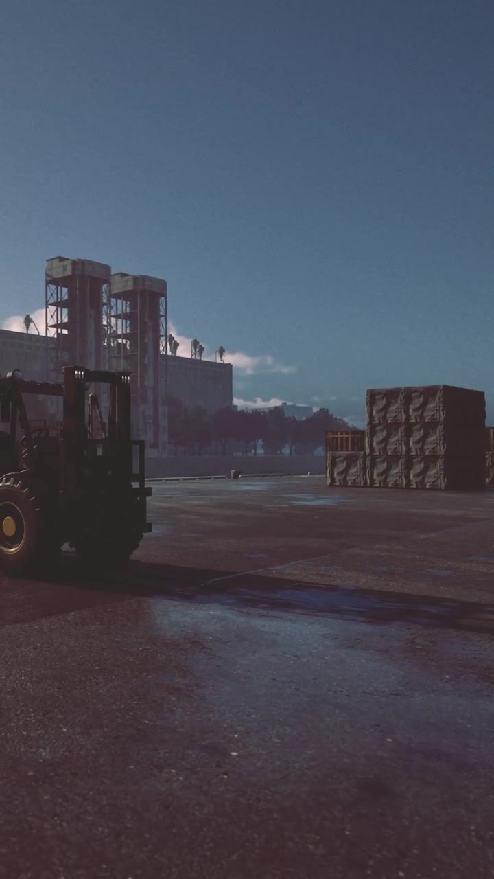 Forklift moves cargo in a busy shipping yard during bright daylight hours