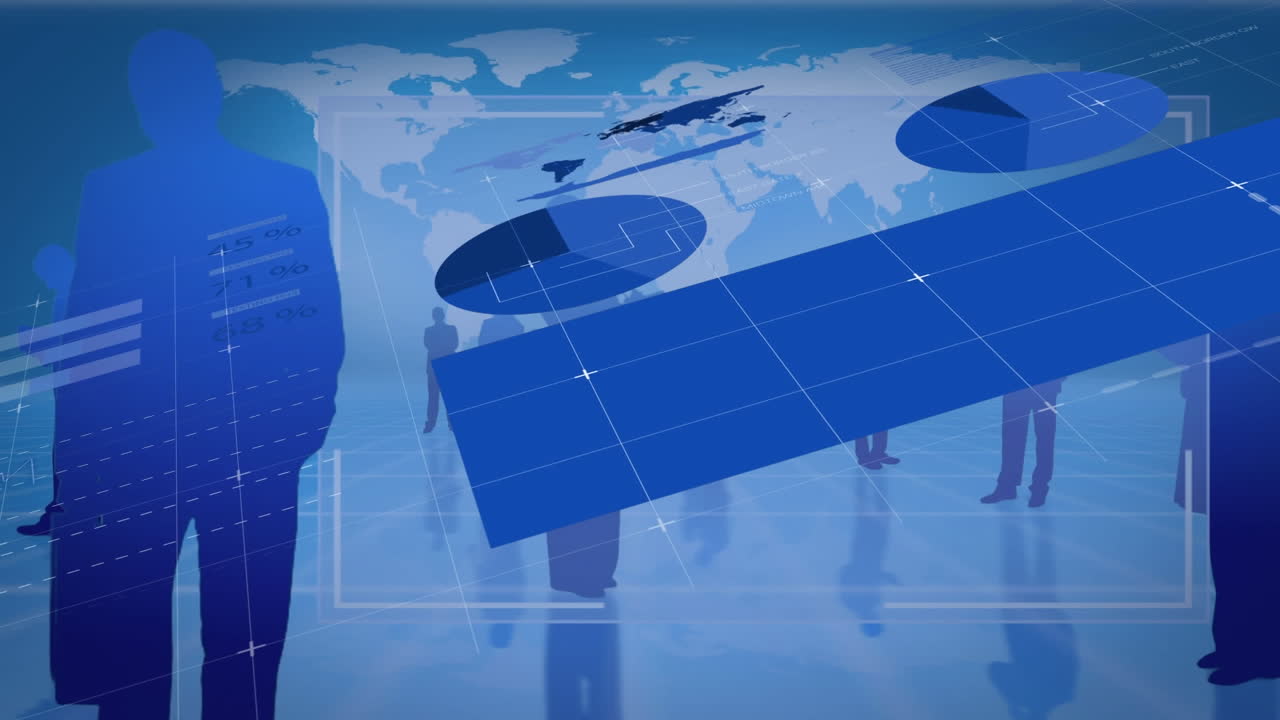 파란색 배경에 사업가들의 실루 ⁇  위에 금융 데이터 처리의 애니메이션