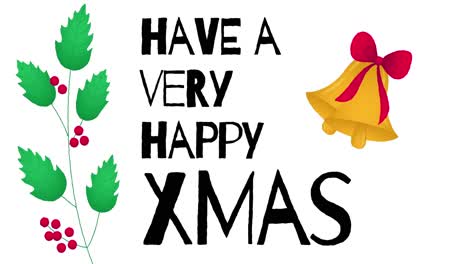 Animation-of-happy-xmas-text-with-christmas-bells-on-white-background