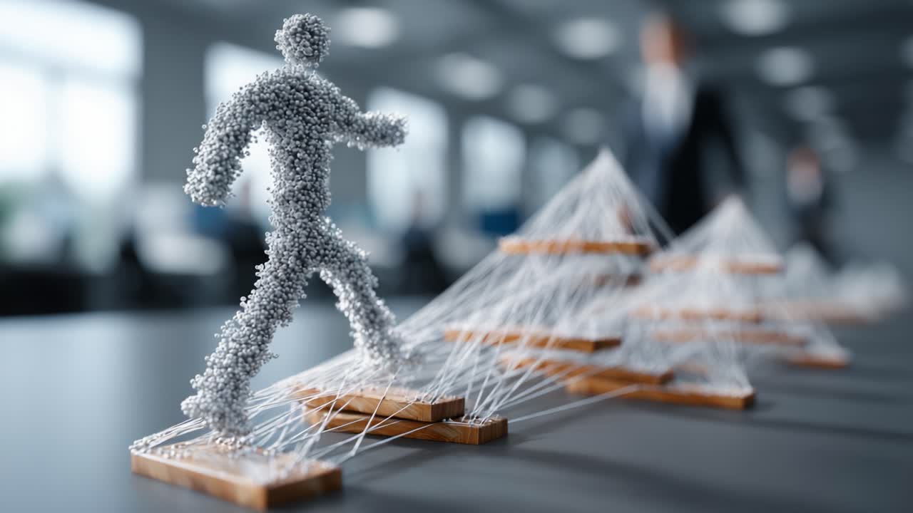 A Dynamic Journey of Progress: An Abstract Representation of Growth and Ambition Illustrated by a Figure Scaling a Series of Triangular Structures Connected with Threads