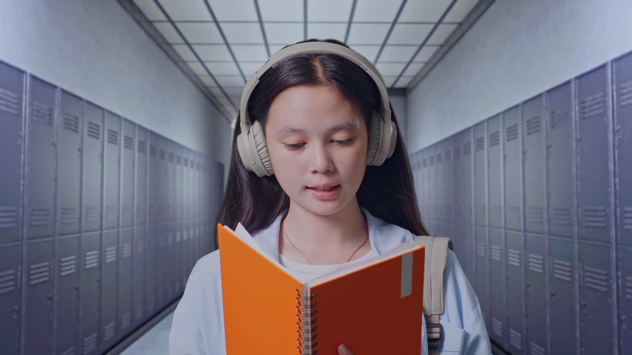 복도 에 서 있는 동안 책 을 들고 읽는 배 을 들고 있는 아시아 청소년 여자 학생 의 근접 사진