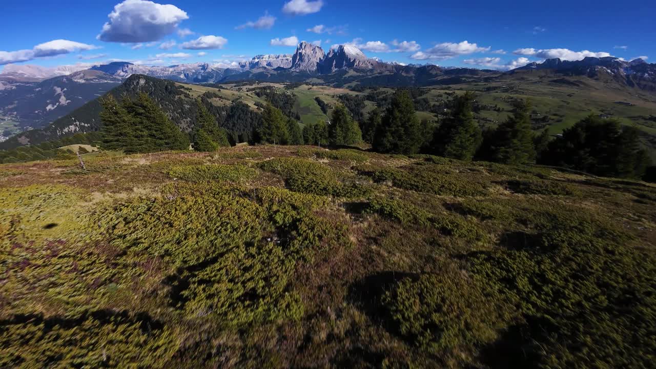 Alpi italiane, pascolo alpino, Alm, Parco Naturale Sciliar-Rosengarten. La zona attrae molti turisti durante tutto l'anno. In estate puoi fare escursioni. Area per sport all'aria aperta e tempo libero. Filmato aereo con drone FPV