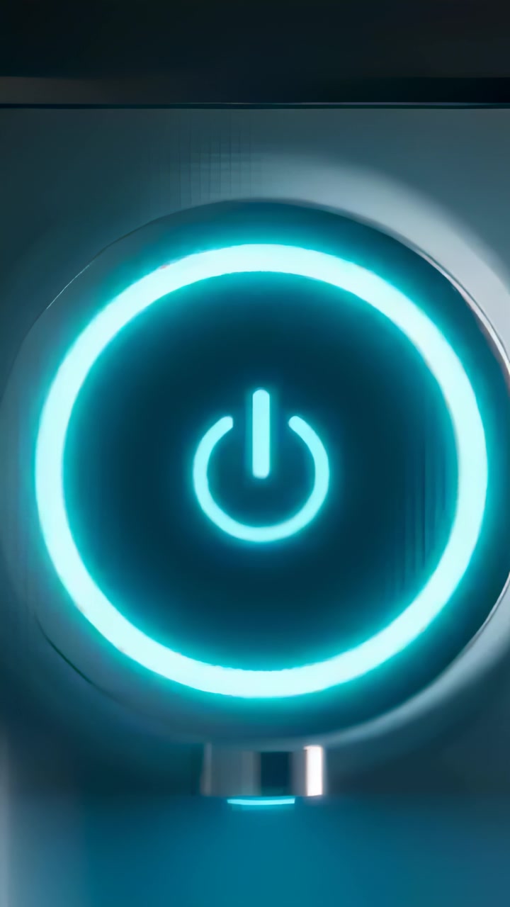 Vertical video: Glowing circular power button receiving power on front panel, with cyan LED ring