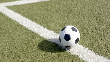 soccer ball resting on grass field near white line, ready for game, copy space