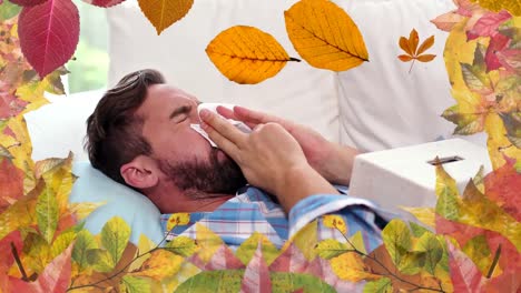 Man-with-allergy-sneezing-and-autumn-leaves-4k