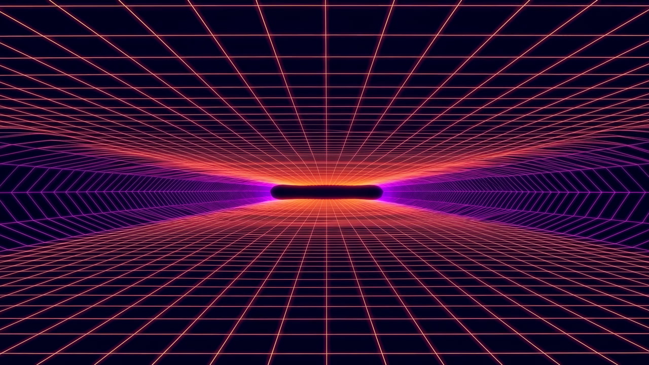 Neon Grid Corridor With Glowing Horizon, Retro Synthwave Atmosphere With Purple And Orange Gradients,
