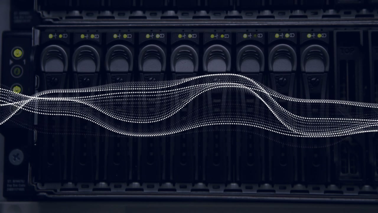 Dotted waves starting from left forming five pulsing lines over server rack showing data throughput