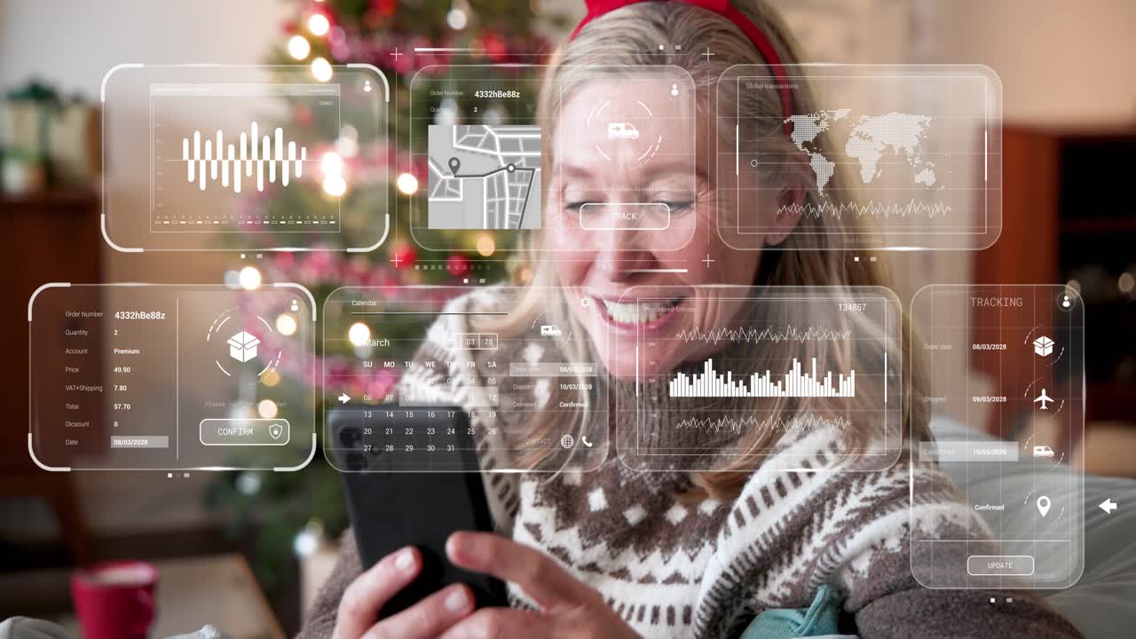 Mature woman receiving call showing Christmas tree to phone as holographic tech UI overlaying frame