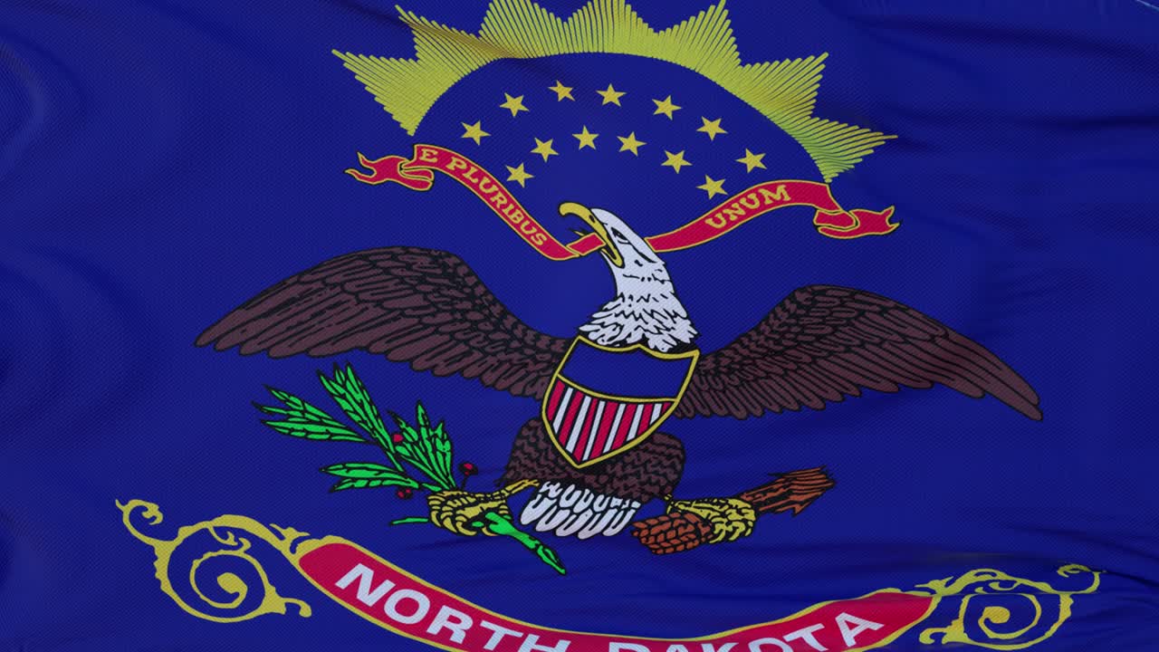 Flag of North Dakota state, region of the United States, waving at wind