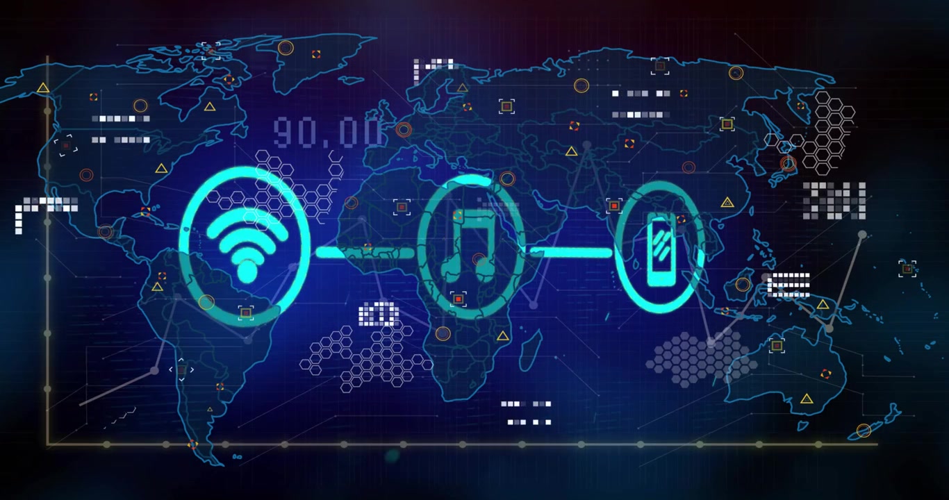 Nodo sinistro che pulsa formando una rete a 3 nodi con musica e telefono, mostrando il flusso di dati tecnologici su una mappa