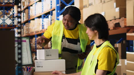 vertical video two colleagues working on order processing in industrial warehouse space