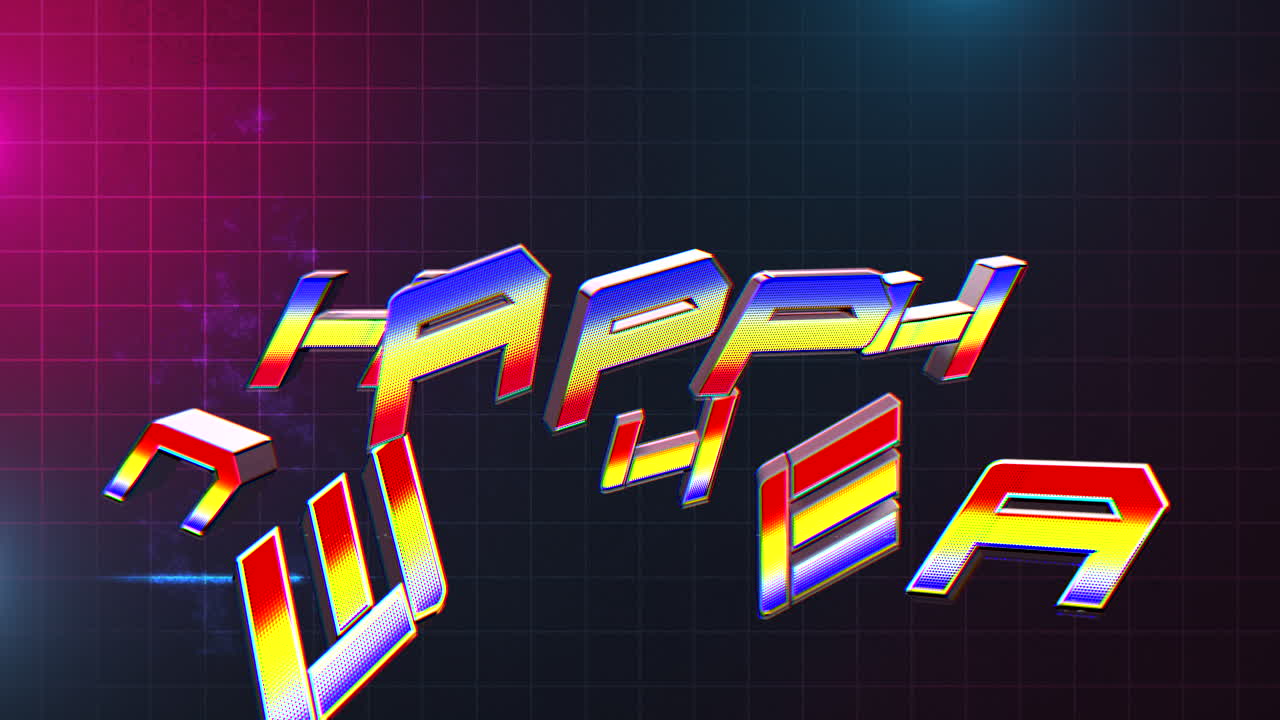 애니메이션 소개 텍스트 새해 복 많이 받으세요 및 노이즈 라인 및 빨강 및 파랑 그리드 복고풍 휴일 배경