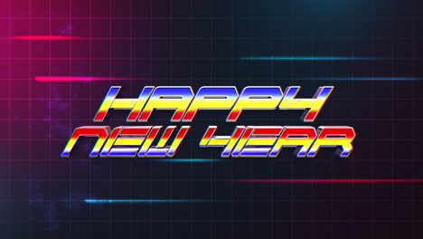 animation intro text happy new year and noise lines and red and blue grid retro holiday background