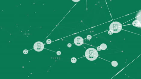 animation of communication network of media icons transferring data on green background