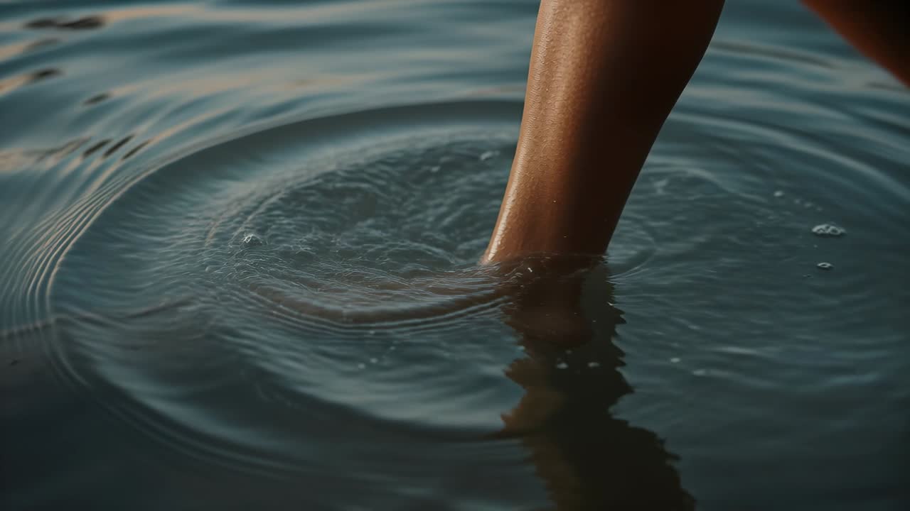 Woman's lower leg entering water, pressing and sliding, animated ripples expanding for wellness