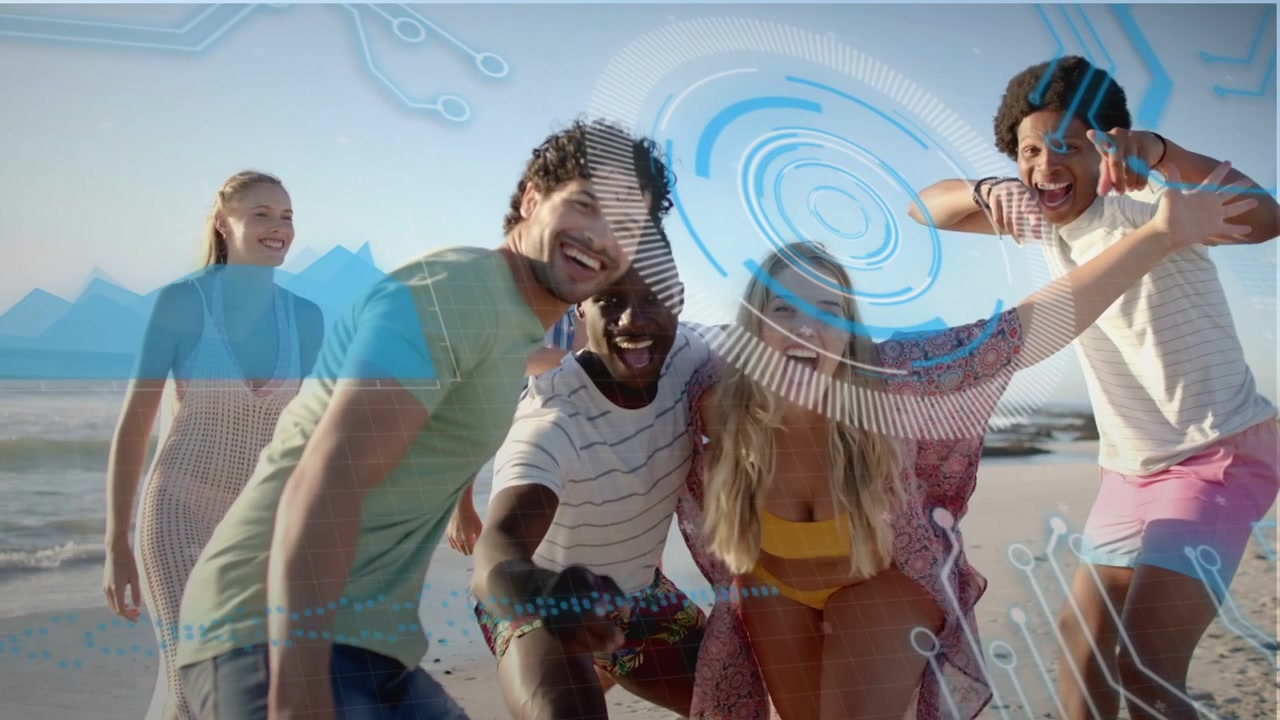 Beach group man in green moving front, friends huddling, posing for camera, tech HUD hovering heads