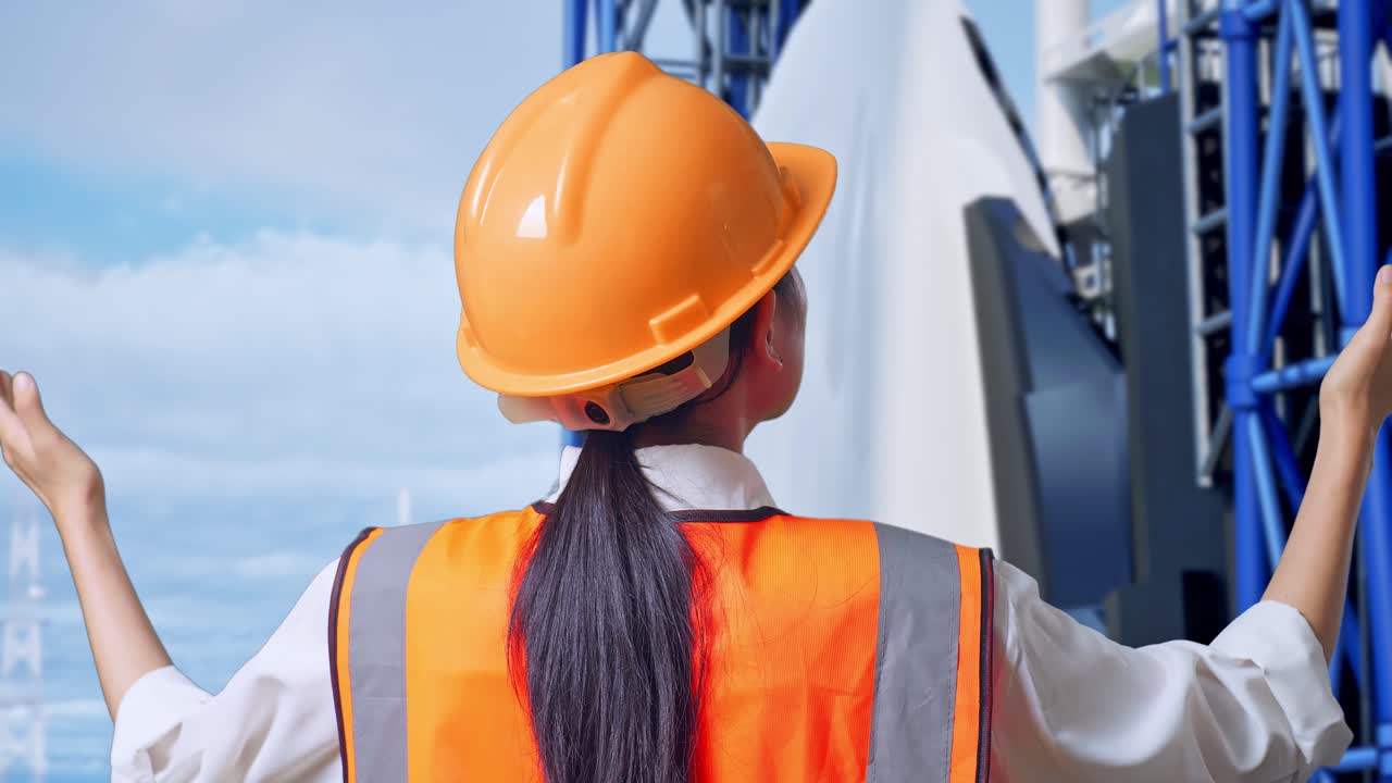 vista posterior cercana de una ingeniera con casco de seguridad extendiendo los brazos mientras está de pie con el transbordador espacial