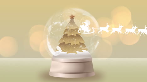 animation of santa claus in sleigh with reindeer over snow globe on yellow background