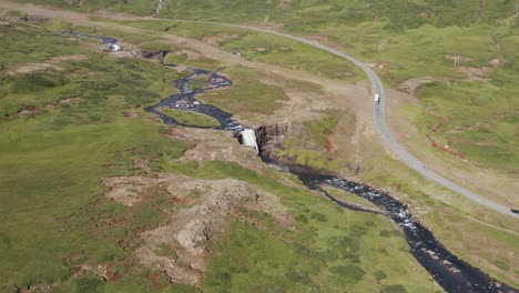 Cascada-De-Gufufoss-En-Islandia-Durante-El-Verano,-Paisaje-Escénico,-Antena