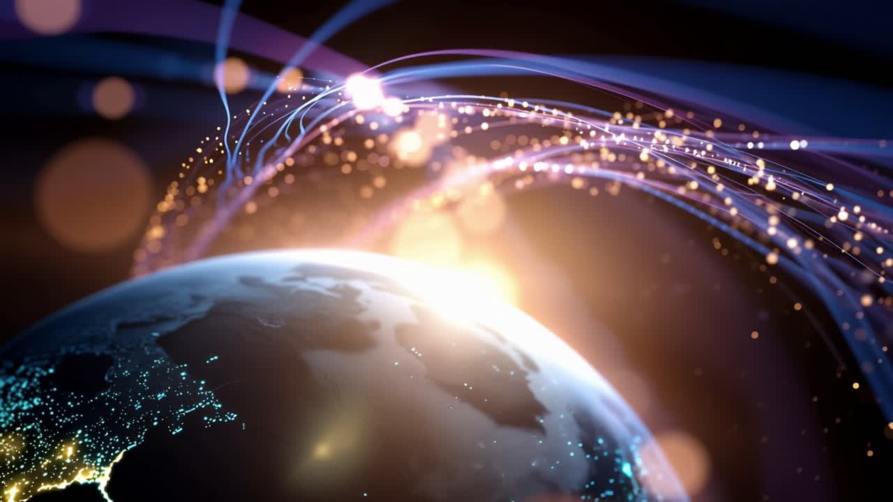 Digital Data Flowing Around Planet Earth with Global Network Connections