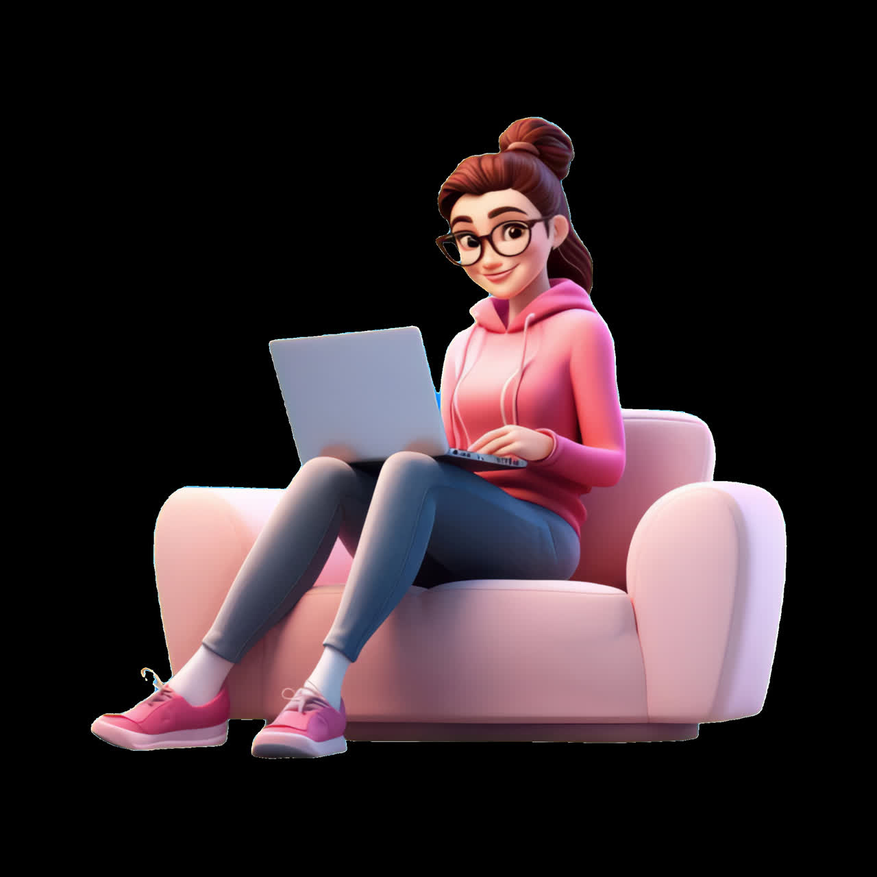 Animated woman using laptop animation isolated asset, transparent 4K video, alpha channel, ProRes