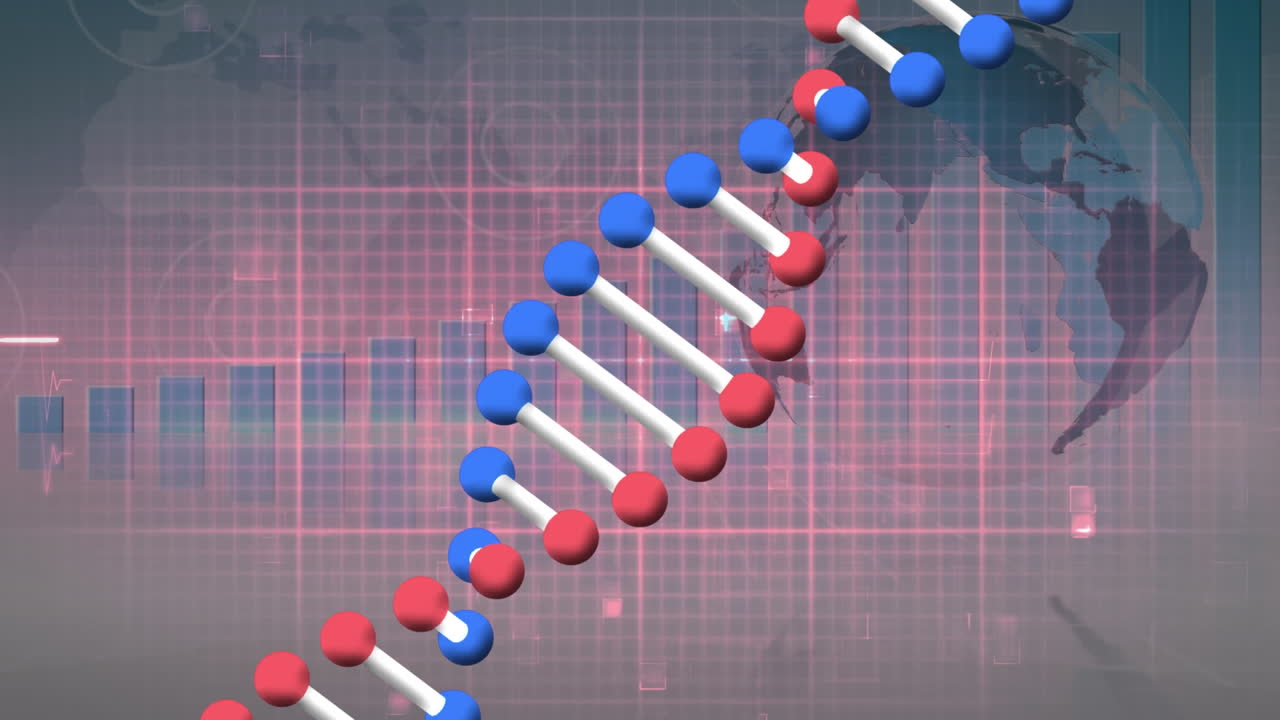 심박수 모니터, 글로브, 그래프 및 데이터 처리 위에 회전하는 dna 가닥의 애니메이션